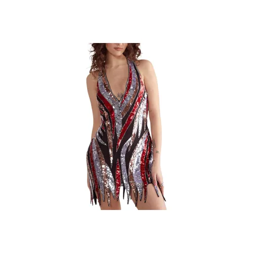 NASTY GAL Zebra Hand Embellished Hanky Hem Halter Neck Mini Dress Sleeveless Dress Women's Red