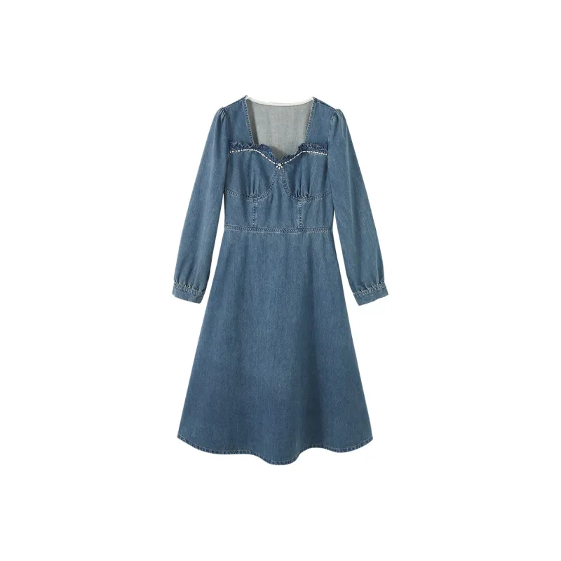 XIANGYING Long Sleeved Dresses Women's Denim Blue-0