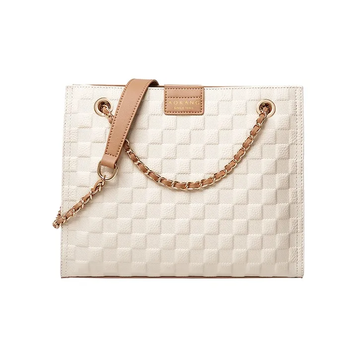 AOKANG Cow Leather Tote Diamond Pattern Chain Bag Crossbody Underarm Shoulder Bag Regular Women's Ecru/Elephant Gray-1