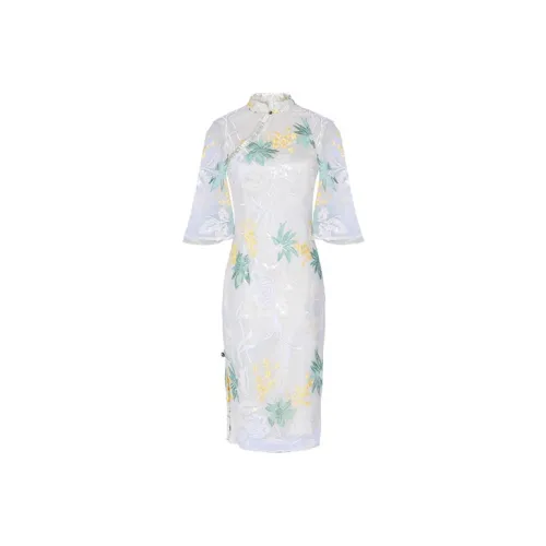 JINYE ORIENTAL Cheongsam Women's White Green