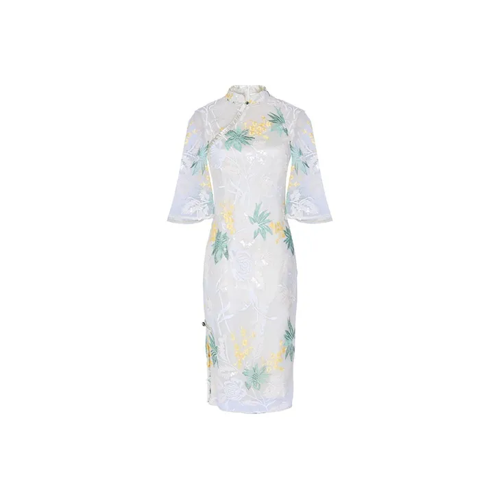 JINYE ORIENTAL Cheongsam Women's White Green-0