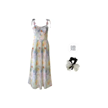 PAVEA Slip Dress Women's Oil Painting Pink Blue+Hair Tie Comes With