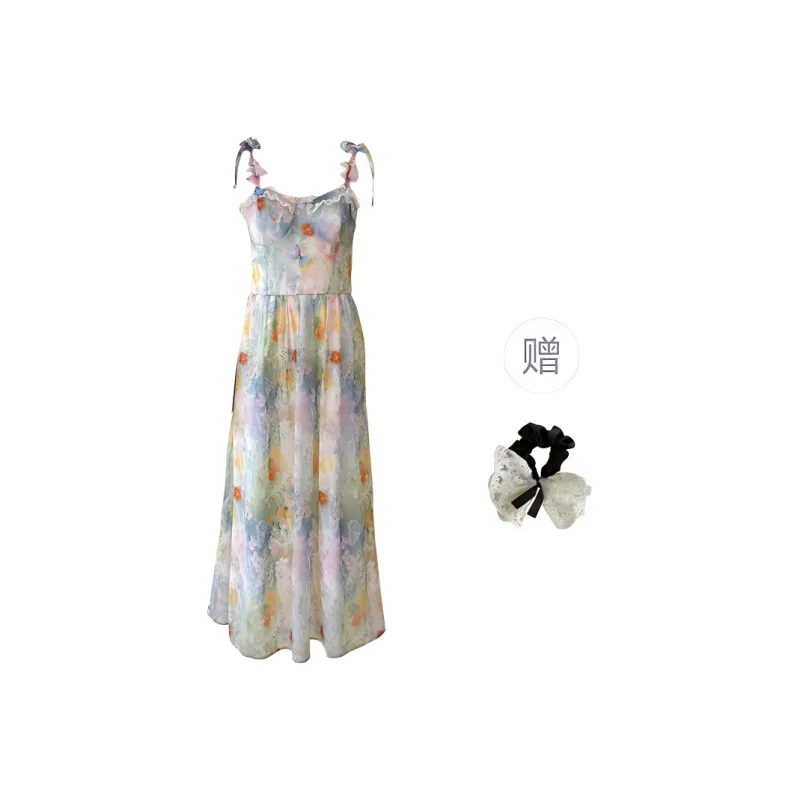 PAVEA Slip Dress Women's Oil Painting Pink Blue+Hair Tie Comes With-0