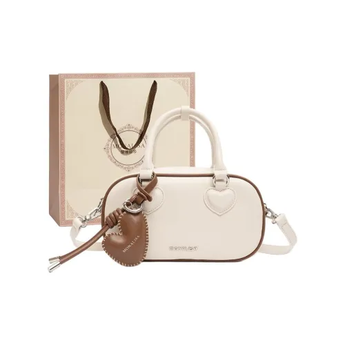 Monna Lisa Cow Leather Bowling Bag, Crossbody, One Shoulder, Handbag Small Size Women's White Brown, Velvet Mist Pink