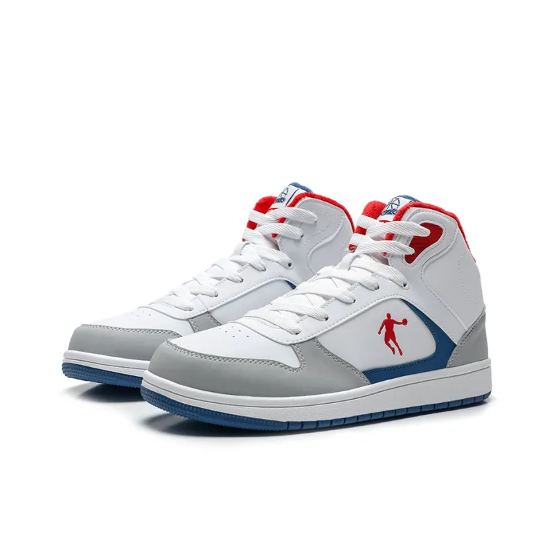 QIAODAN Anti Slip Wear Resistant High Top Skateboard Shoes Men's White Blue-1