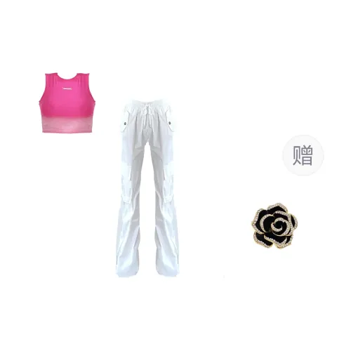 ONNFB Casual Suits Women's Rose Red Top+White Cargo Pants