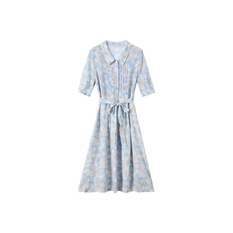 H-YXIANG Short-Sleeved Dresses Women's Blue Background With Floral-0