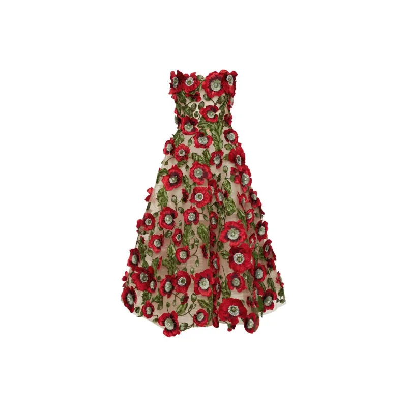 Oscar De La Renta Poppy-embroidered Midi Dress-0