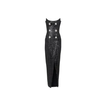 BALMAIN Sequinned Metallic Tweed Gown