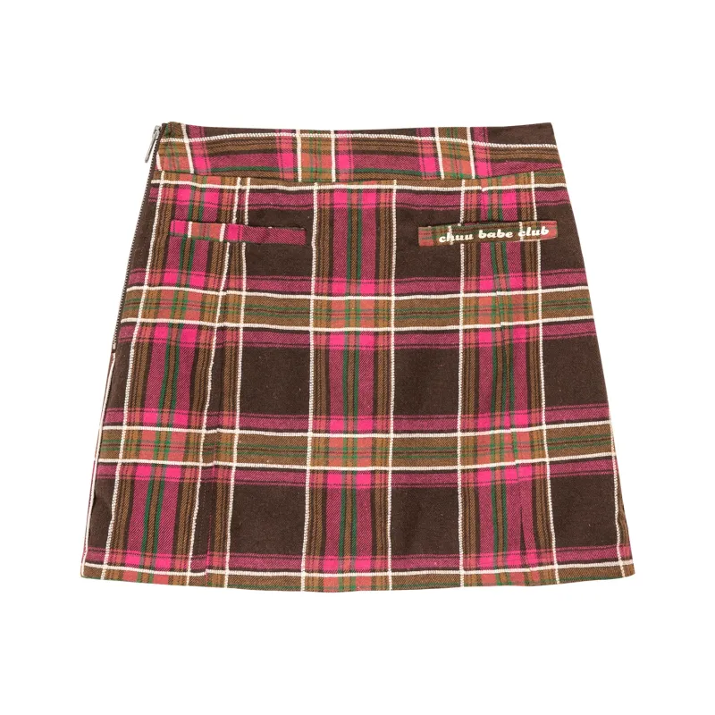 CHUU Casual Short Skirts Women's Pink Plaid-0