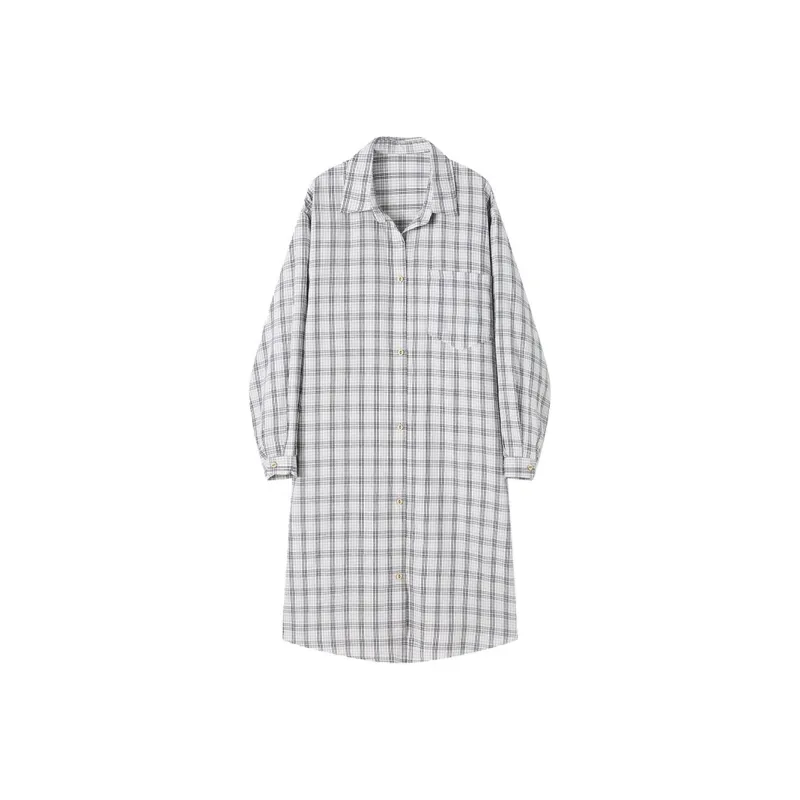 Korean Style Long-Sleeved Dresses Women's Beige Check-0
