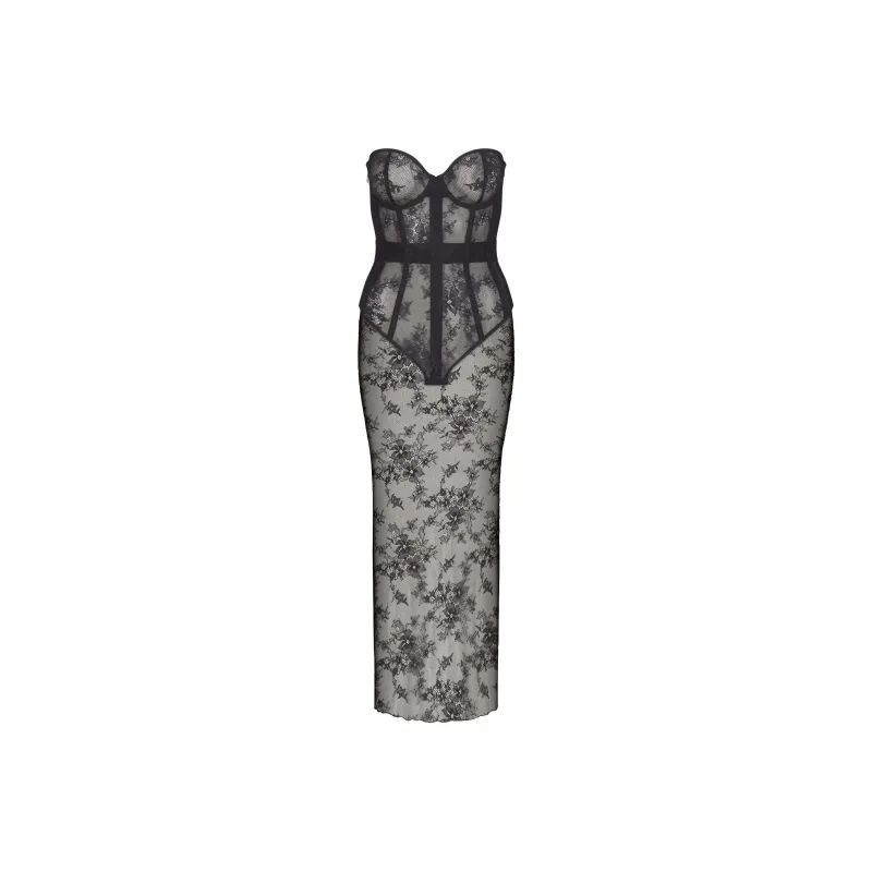 SKIMS ULTRA FINE LACE STRAPLESS CORSET LONG DRESS Sleeveless Dress Women's ONYX/Onyx-0