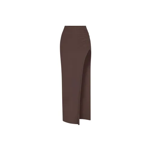 SKIMS SS24 RAW EDGE SLIT LONG SKIRT Casual Long Skirts Women's ESPRESSO/Dark Coffee Color