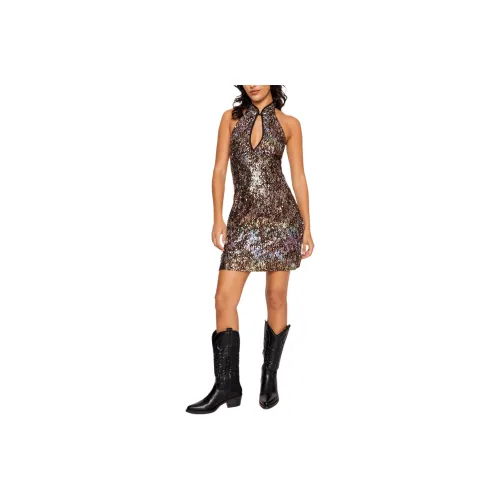 NASTY GAL Sequin Lace Keyhole Mini Dress Sleeveless Dress Women's Black