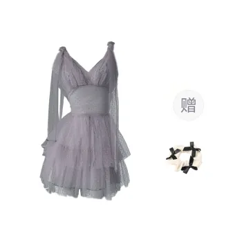 CPAURA Sleeveless Dress Women's Gray Blue+Bowknot Hair Tie Comes With