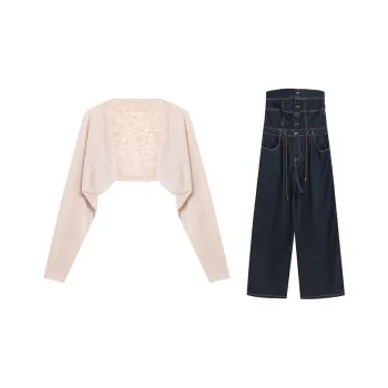 ZVJH Casual Suits Women's Knitted Fabric Coat+Denim Jumpsuit