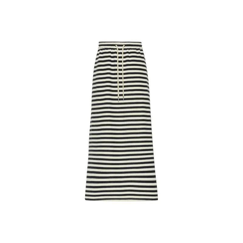MEIYANG Casual Long Skirts Women's Black White Stripes-0