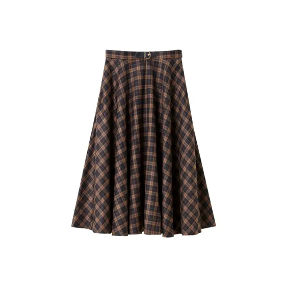 OVV Casual Long Skirts Women's Dark Brown Plaid B1-0