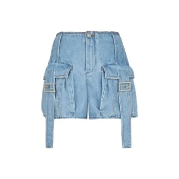 FENDI Ff Baguette Buckled Denim Shorts
