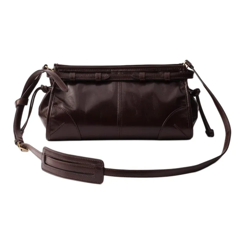PRADA Leather Shoulder Bag Small Size Women's Dark Brown-2