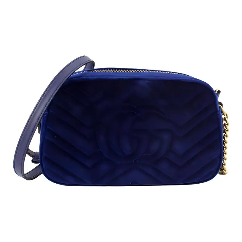 GUCCI GG Marmont Velvet Velour Camera Bag, Shoulder Bag, Crossbody Bag Women's Dark Blue-2
