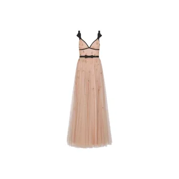 DIOR Embroidered Long Dress Sleeveless Dress Women's Coral Pink