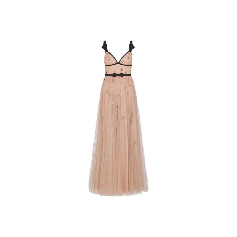DIOR Embroidered Long Dress Sleeveless Dress Women's Coral Pink-0