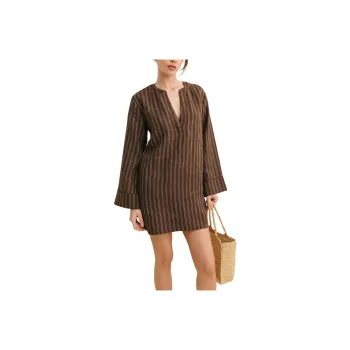 REFORMATION Elmira Linen Dress Long Sleeved Dress Women's Wooden Board Path Stripes