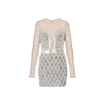 BALMAIN Pearl Embroidered Short Dress Long-Sleeved Dresses Women's Silver