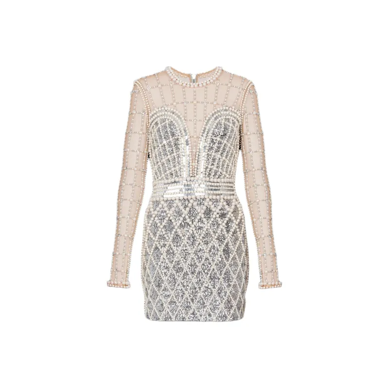BALMAIN Pearl Embroidered Short Dress Long-Sleeved Dresses Women's Silver-0