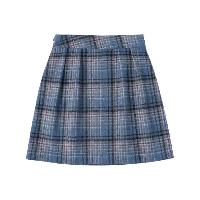 MeiHaoStore Casual Short Skirts Women's Blue Gray Plaid-0