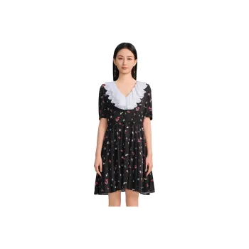 Blood Glitter Short-Sleeved Dresses Women's Black Floral