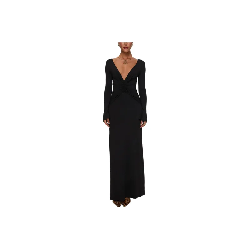 PRINCESS POLLY Lezure Plunge Long Sleeve Maxi Dress Long Sleeved Dresses Women's BLACK/Black-0