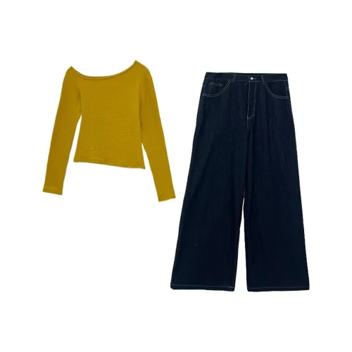 Icicofficial Casual Suit Women's Yellow Top+Black Pants