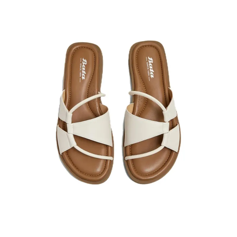 BATA Rubber Sole Leather Patchwork Quiet Slip Resistant Slide Slippers Women's-2