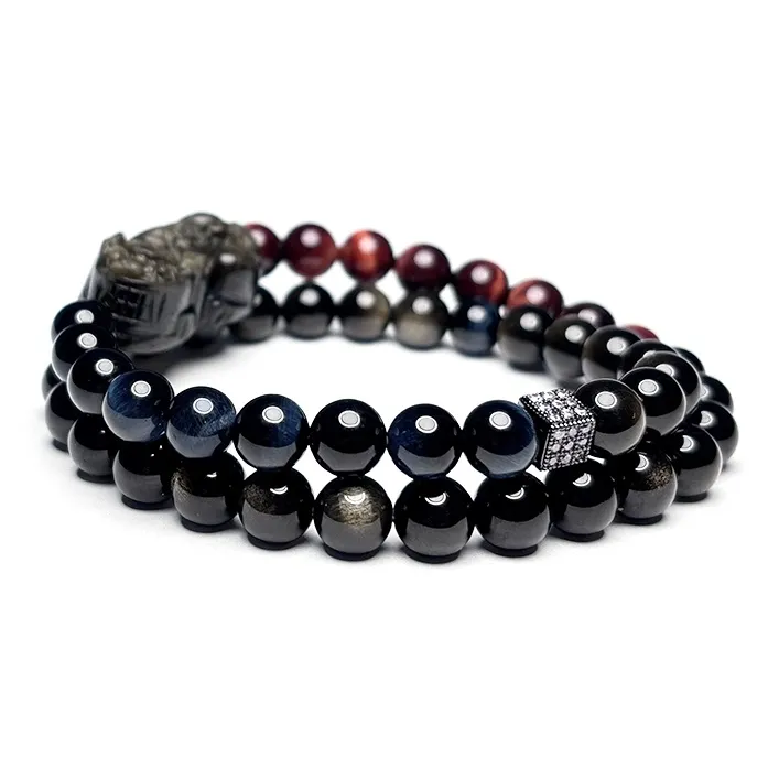 MOUNTAINS AND MANS Natural Obsidian New Chinese Style Stackable Good Luck Beaded Bracelet Men's-2