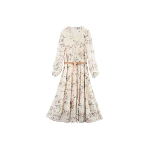 A Paradise For Awakening Long Sleeved Dress Women's Beige With Print