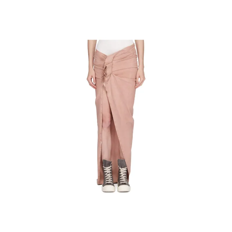 Rick Owens DRKSHDW Lido Denim Edfu Skirt Long Overdyed Foil Stretch Denim Casual Long Skirts Women's Dark Pink-0