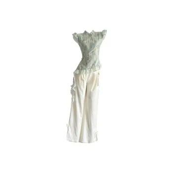 SKYA Casual Suit Women's Green Top+Apricot Pants