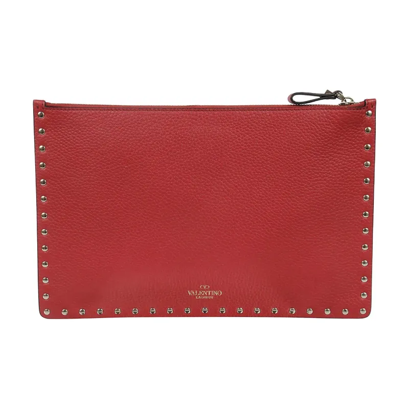 Valentino Rockstud Leather Clutch Women's Red-1