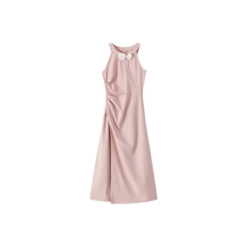 TOUCH MISS Sleeveless Dress Women's Dusty Pink With Floral Brooch