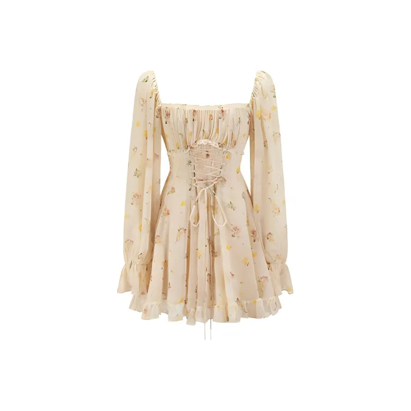 Udon House Long Sleeved Dress Women's Yellow Floral Color-0