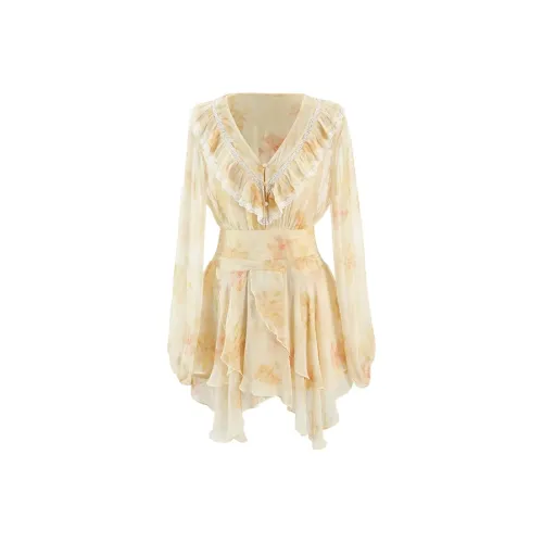 ACAINES Long Sleeved Dresses Women's Almond Yellow