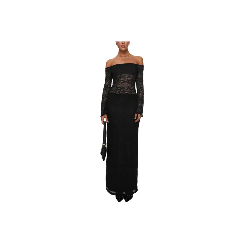 PRINCESS POLLY PINOT GRIGIO LONG SLEEVE LACE MAXI DRESS Long Sleeved Dresses Women's BLACK/Black-0