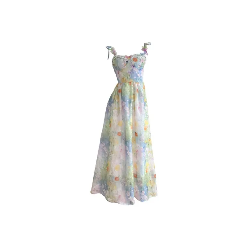 Icicofficial Slip Dress Women's Oil Painting Pink Blue-0