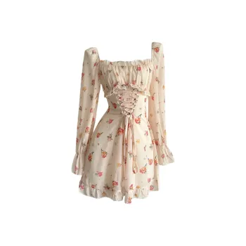 XIAOJUCHUANLI Long Sleeved Dress Women's Yellow Floral