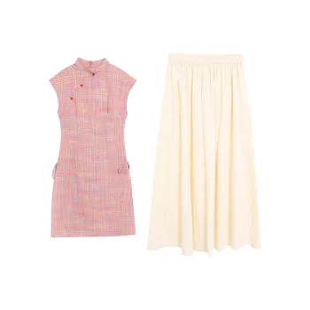 WOWI Two Piece Skirt Sets Women's Pink Cheongsam Skirt+Skirt