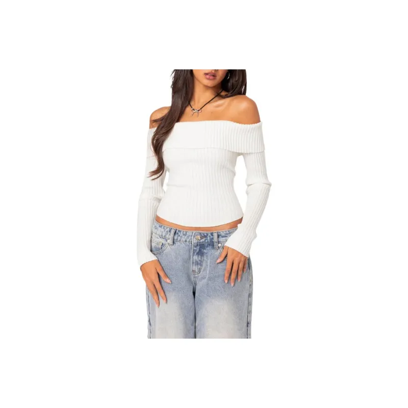 Edikted Lauren Knit Fold Over Top Knitwear Women's White-0