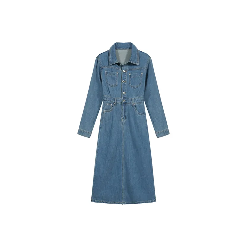 AHDO Long-Sleeved Dresses Women's Denim Blue-0