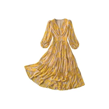 Cypress House Long Sleeved Dress Women's Beige With Yellow Floral